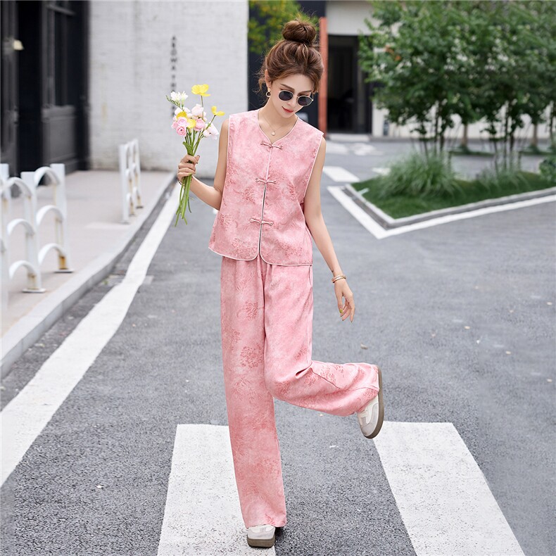 现货新款休闲重工艺女夏薄款宽松小个子时尚新中式气质两件套,女装套装/套裙,美静678