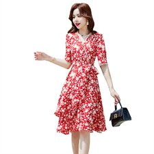 2023夏季新款优雅气质V领腰部系带收腰时尚不规则裙摆长裙，女装连衣裙，贵人树