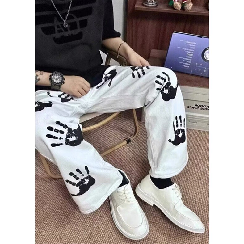 高街潮牌痞帅手掌印花夏季牛仔裤男女hiphop炸街微喇长裤K3310,男装牛仔裤,星座1116A（原606A-3）