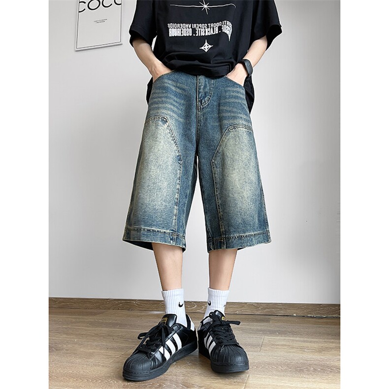 XZ-221-5/DK6067/P42美式街头复古水洗做旧阔腿七分裤牛仔短裤，男装牛仔裤，星座221-5