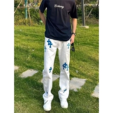 N7073-P48重工十字架刺绣高腰直筒牛仔裤女2025新款设计感宽松，男装牛仔裤，电商B323A