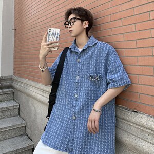 牛仔衬衫男破洞韩版潮流高街帅2022夏季新款ins宽松外套W2714-P48图片