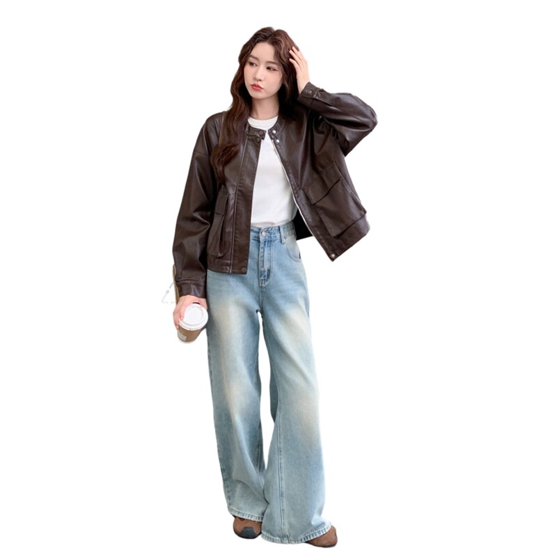 美拉德咖色复古皮衣外套女秋季2025年新款炸街减龄小个子PU皮夹克,女装皮衣,2C177