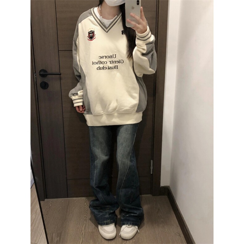 WE1949-P46徽章V领撞色拼接美式重磅运动卫衣男女,男装卫衣,电商B323A