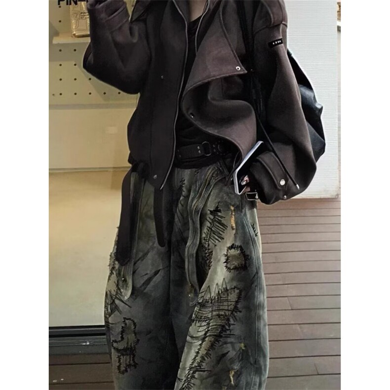 AK1803-P93美式复古街头宽松乱针刺绣阔腿弯刀牛仔裤,男装牛仔裤,星座617A-2