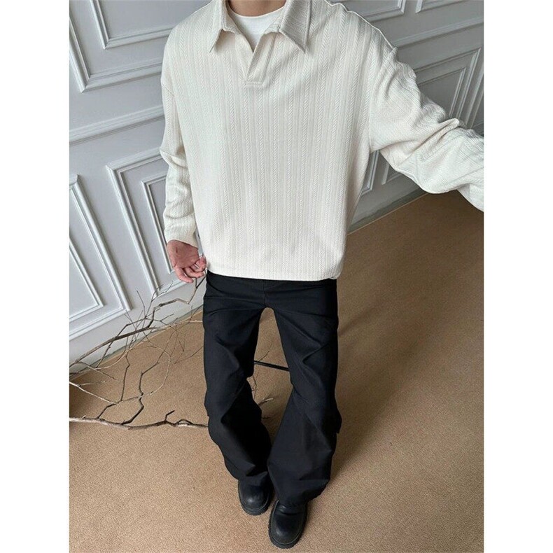 麦穗条纹V领长袖衬衫男春秋季cleanfit老钱风卫衣情侣款polo衫潮,男装卫衣,星座809A(原222-1)