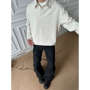 麦穗条纹V领长袖衬衫男春秋季cleanfit老钱风卫衣情侣款polo衫潮图片
