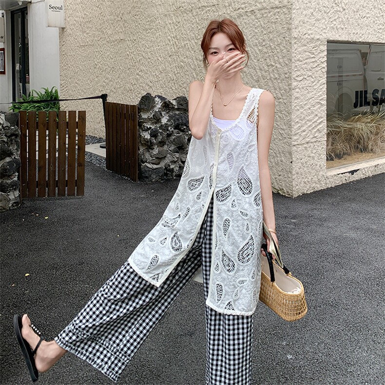 蕾丝无袖背心阔腿裤套装女夏2025新款两件套不规则大方得体流行,女装套装/套裙,欧黛芙妮