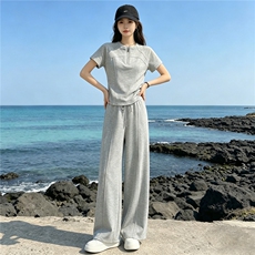 潮流时尚休闲运动套装女夏季新款显瘦气质立领短袖上衣长裤两件套，女装套装/套裙，江南