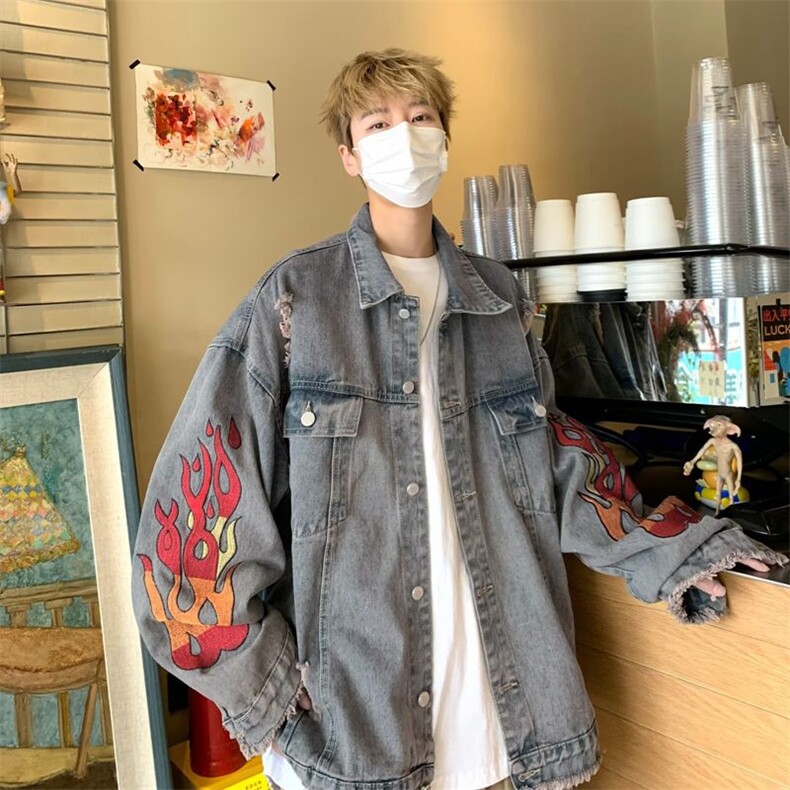 高品质美式毛边火焰刺绣牛仔外套男春季新款水洗潮牌痞帅工装夹克,男装夹克,星座410-7