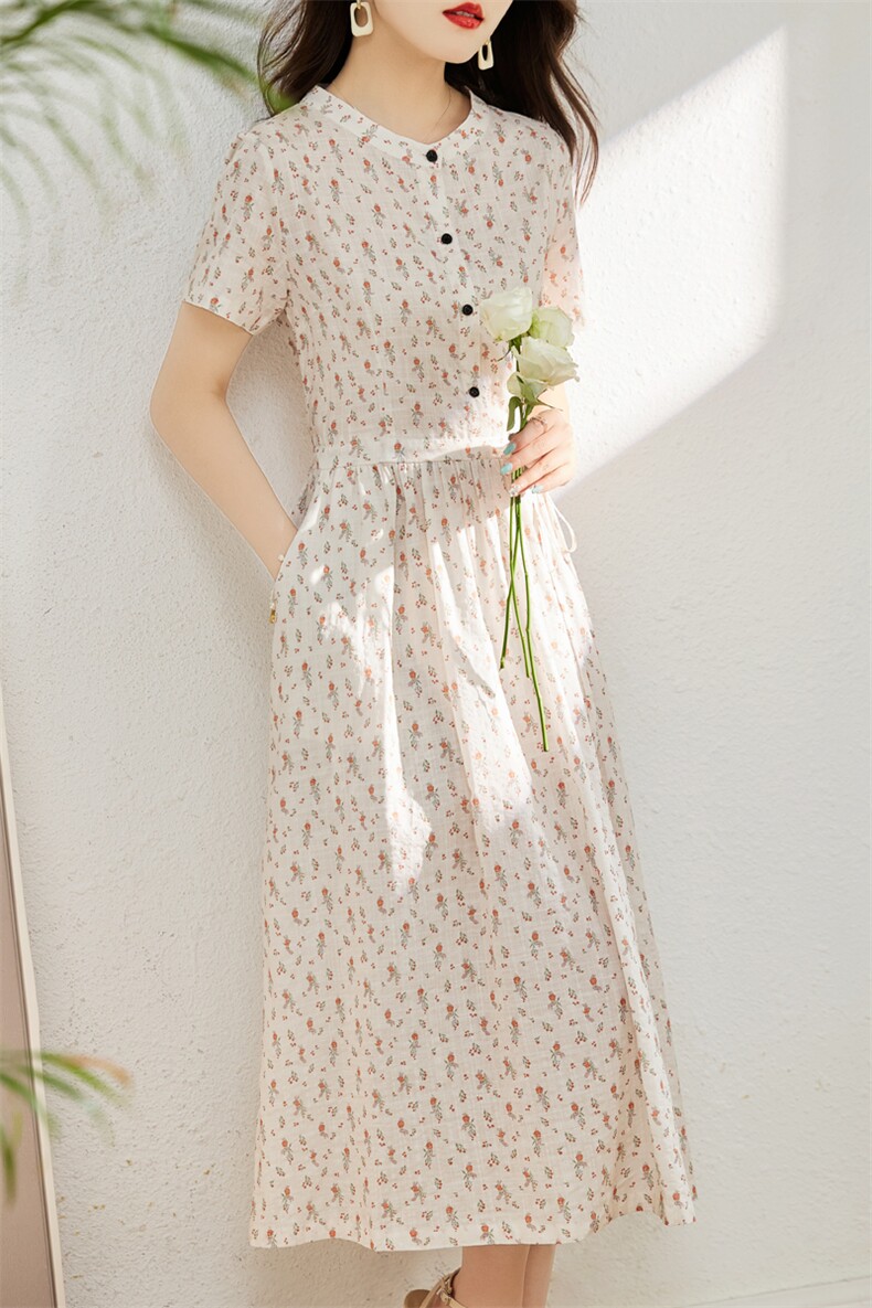小清新碎花棉麻风连衣裙女2025夏季新款收腰显瘦气质减龄短袖裙子,女装连衣裙,木橙西子