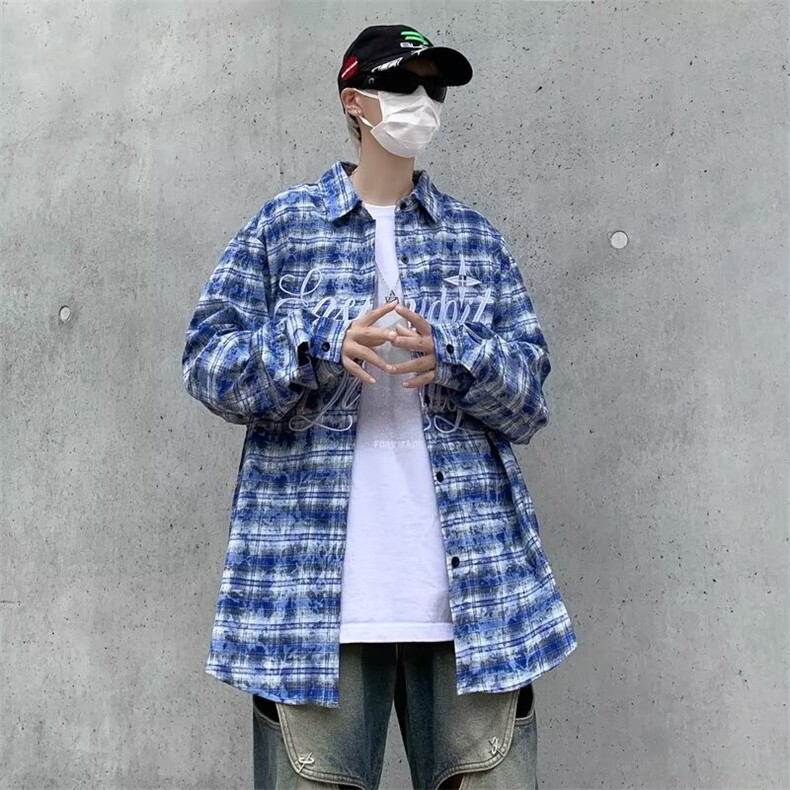 潮牌高街字母刺绣格子衬衫男款设计感小众蓝色上衣外套C124/P42,男装衬衫,星座506