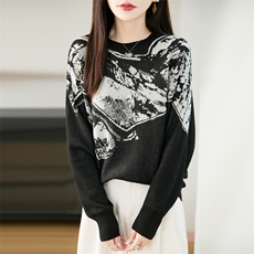 法式高端水墨印花圆领毛衣女2025新款加厚保暖打底长袖针织衫上衣，女装针织衫/毛衣，唐诺