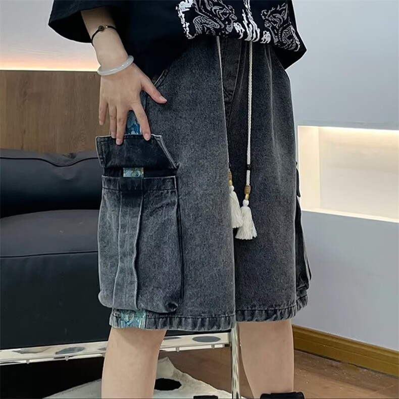 新中式工装牛仔短裤男款夏季潮牌风复古拼接中裤痞帅休闲五分裤图片