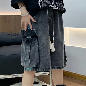 新中式工装牛仔短裤男款夏季潮牌风复古拼接中裤痞帅休闲五分裤图片
