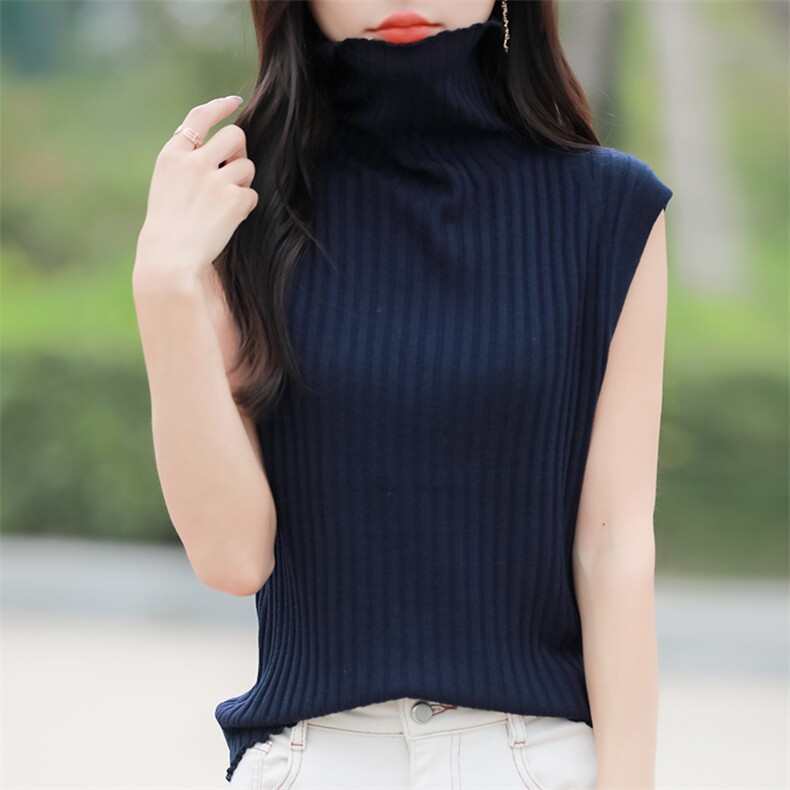 简约纯色坑条堆堆领针织马甲背心女早春时尚洋气内搭无袖坎肩上衣,针织衫/毛衣,佳绒包芯纱店