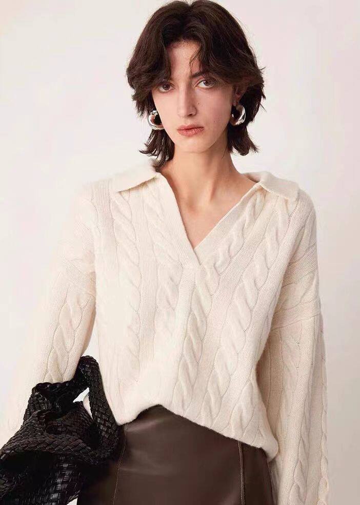 2025年秋季新款女士百搭反领麻花针织衫1，女装针织衫/毛衣，恒恩羊绒