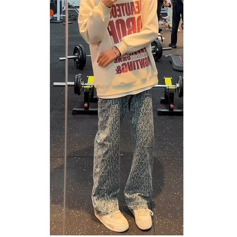 复古休闲牛仔裤男生秋季提花满印设计感直筒弯刀裤cleanfit阔腿裤,男装牛仔裤,星座1008