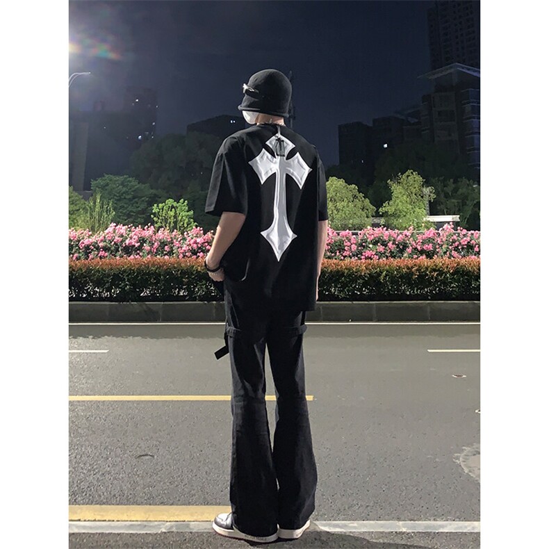 已授权美式hiphop裤子高街vibe交叉绑带牛仔裤修身直筒微喇叭裤,男装牛仔裤,星座310A-4