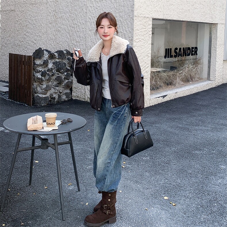 冬季新款美式复古皮毛一体外套女加厚加绒夹克A809P210K318,女装短外套,2C268