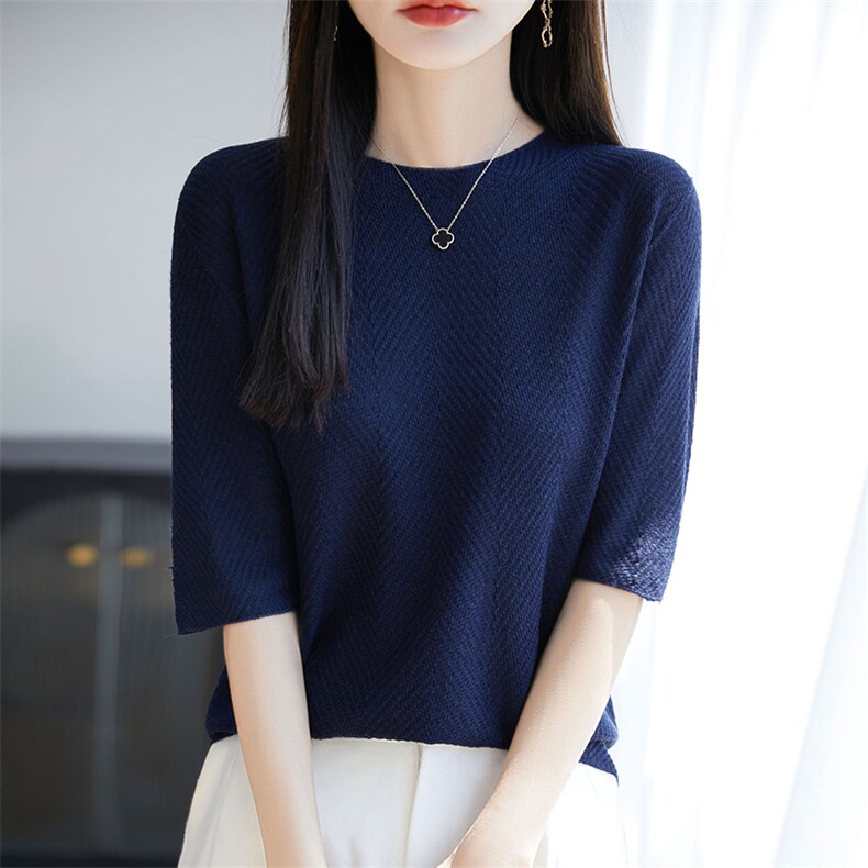 鱼骨纹中袖针织衫女25春夏新款洋气修身显瘦五分袖打底衫内搭上衣,针织衫/毛衣,暖烁羊绒