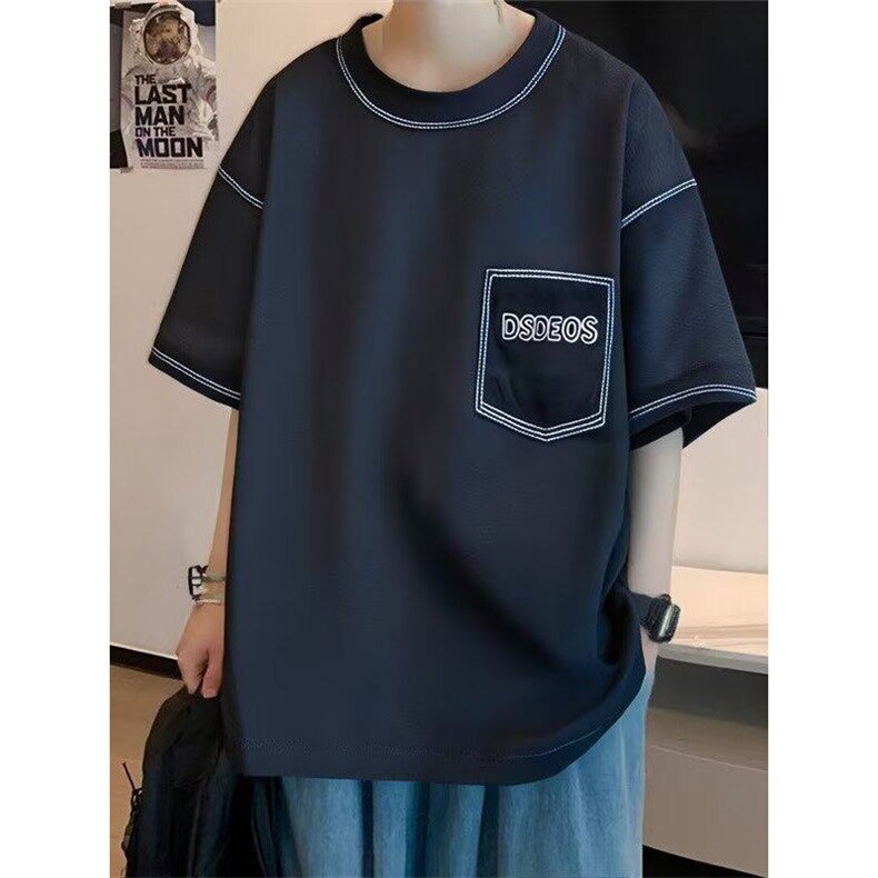 网络图现货假口袋T恤男短袖夏季宽松五分袖情侣衣服RHC139-P48图片