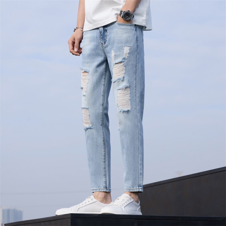 2025春季新款男士破洞牛仔裤蓝灰色修身小脚九分裤T819-P45,男装牛仔裤,星座1006-1
