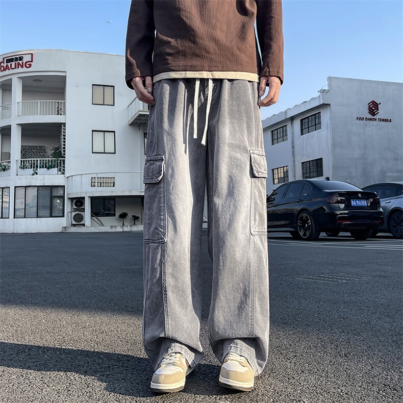 【现货】秋季新款美式复古工装口袋拼接宽松阔腿裤牛仔男816-P50,男装牛仔裤,星座1006
