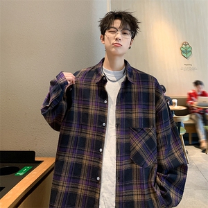 衬衫男春季新款港风宽松大码磨毛格子长袖衬衣CS2019-P35图片