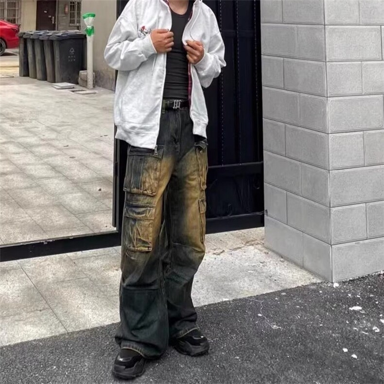 美式直筒阔腿直筒做旧牛仔裤男水洗宽松ing裤子高街秋季休闲裤,男装牛仔裤,星座506A