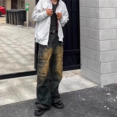 美式直筒阔腿直筒做旧牛仔裤男水洗宽松ing裤子高街秋季休闲裤，男装牛仔裤，星座506A