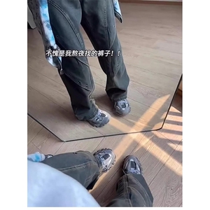美式高街Vibe复古重工做旧牛仔裤设计感拼接直筒阔腿长裤子图片