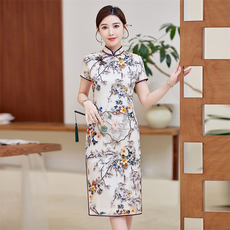 中式洋气旗袍品牌正品女夏装年轻款日常温柔真丝唐装连衣裙礼仪服,女装汉服/婚纱/旗袍/礼服,小荷流