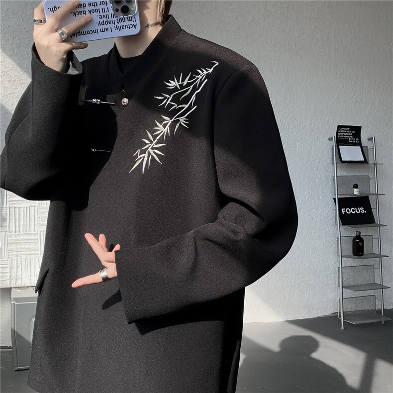 新中式刺绣西服外套大码风立领金属扣垫肩夹克中山装LX001特P85,男装夹克,电商B215