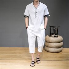 2021夏季薄款中式亚麻短袖套装男大码两件套QT6005-TZ06-P65，男装套装，星座1112-5（原712-5）