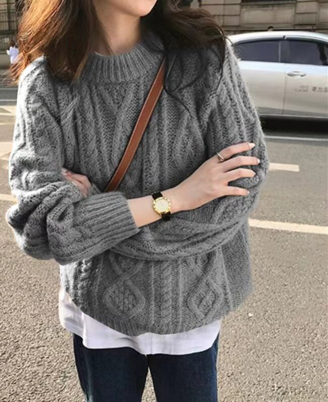 慵懒风复古加厚套头毛衣女秋冬新款宽松圆领麻花外穿针织衫图片