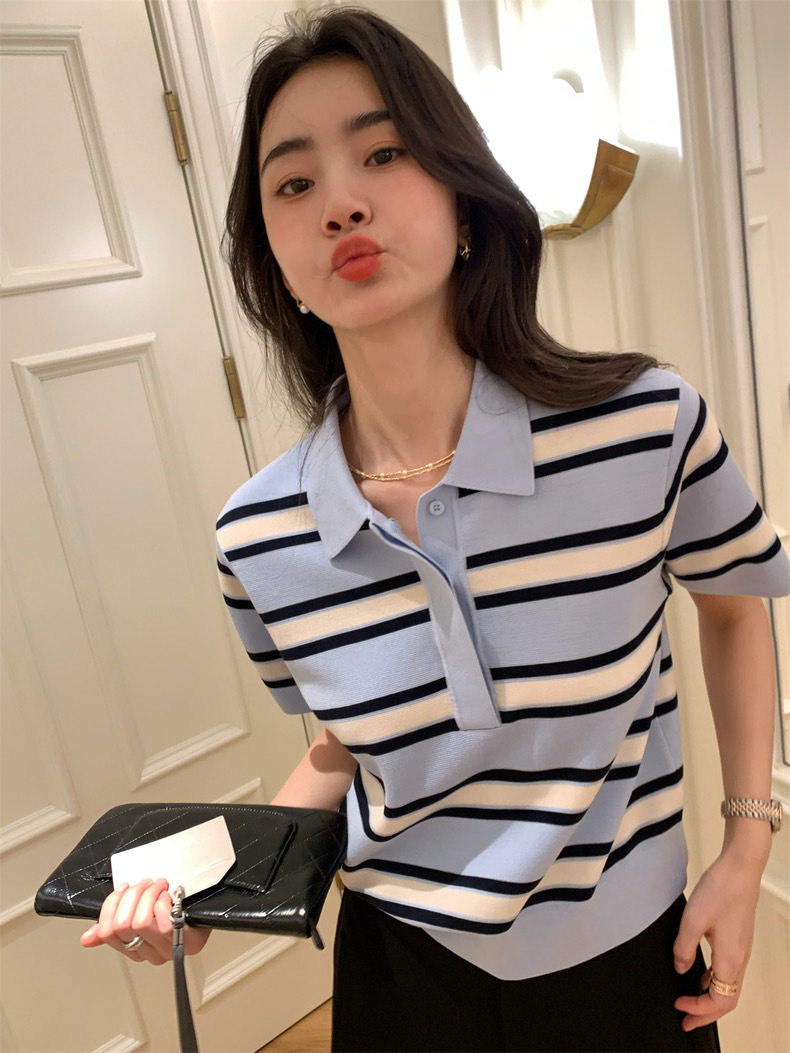 时尚条纹针织衫女短袖宽松显瘦百搭休闲上衣图片
