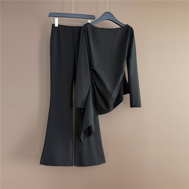 时尚气质套装女春季新款修身显瘦圆领不规则长袖上衣微喇裤两件套，女装套装/套裙，江南