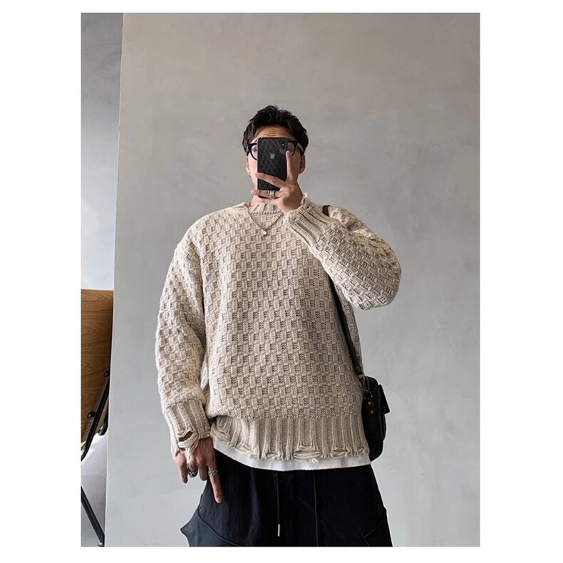 美式复古秋冬季刮烂破洞设计男女休闲圆领毛衣宽松百搭针织衫上衣，男装针织衫/毛衣，星座516A