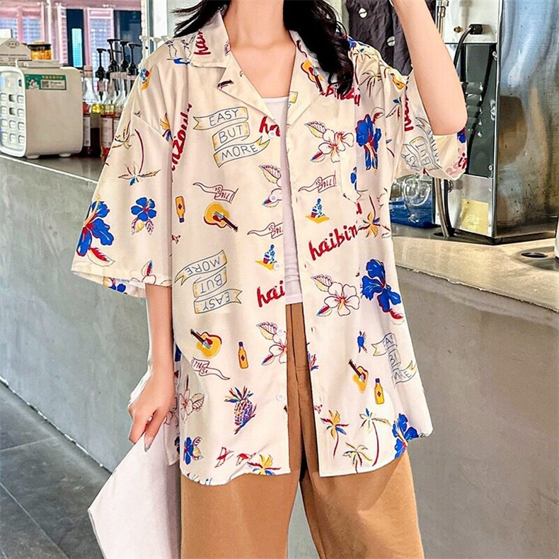 度假套装复古花衬衫短袖男女情侣装痞帅碎花沙滩休闲CS108/P32,女装衬衫,星座506