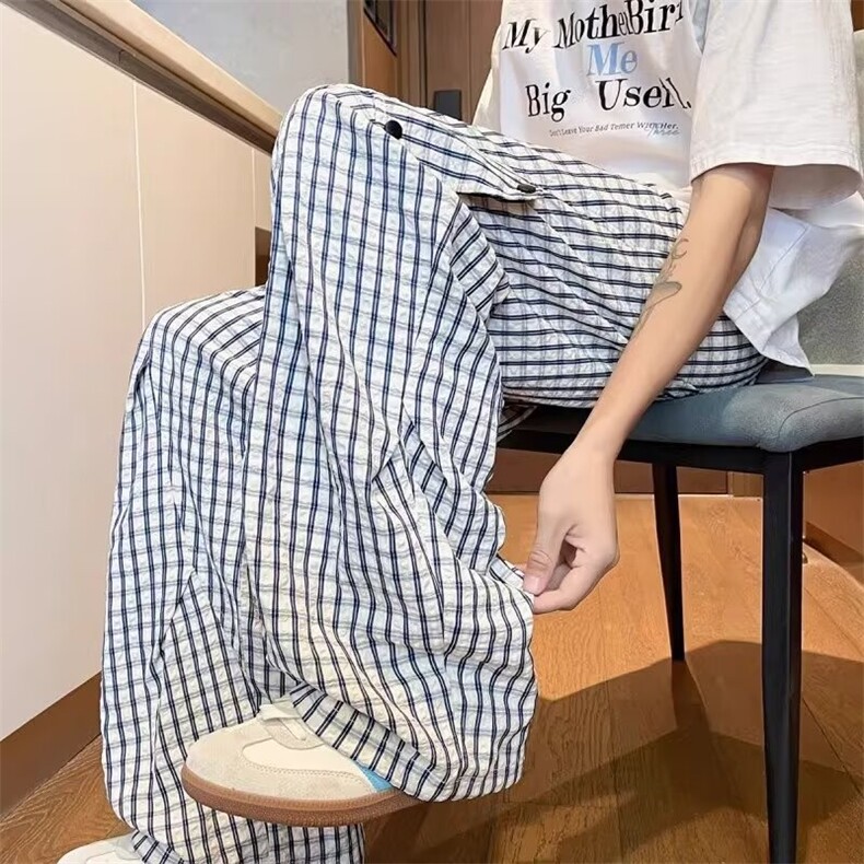 G210-P40蓝色格子裤女夏季薄款2025新款高腰垂感休闲小个子，男装休闲裤，电商B323A
