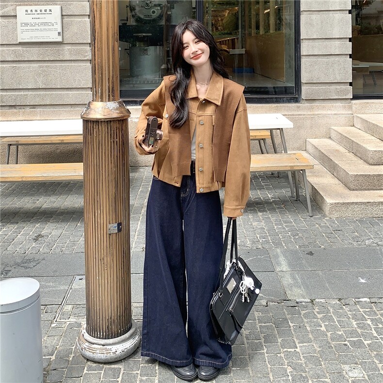 【含披肩】休闲港风短外套女春秋韩系夹克2025新款麂皮绒上衣,女装短外套,维壹