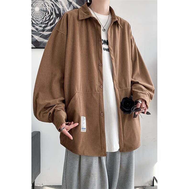 秋装灯芯绒衬衣纯色简约宽松休闲长袖衬衫男女外套港风H221/P45,男装衬衫,电商A221A