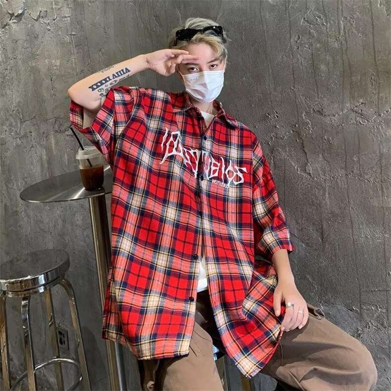格子短袖衬衫男潮牌2023新款夏季宽松日系衬衣高级感上衣服外套,男装衬衫,星座716-4