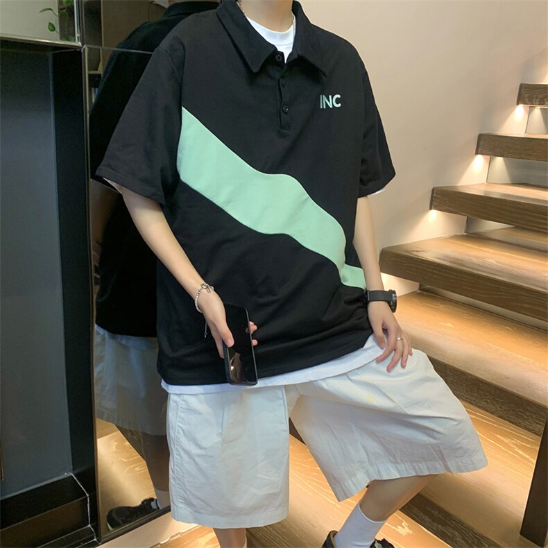 T312-P30夏季宽松拼色翻领刺绣短袖,男装T恤,星座1501-1