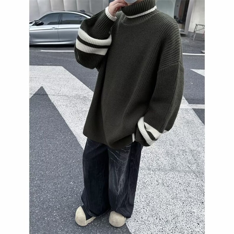 秋冬高领毛衣男套头开衩宽松拼色美式运动学生潮牌针织衫M7064，男装针织衫/毛衣，星座506