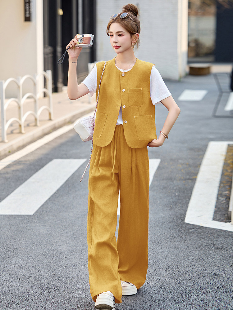 小香风马甲套装女夏季高级感休闲时尚洋气减龄显瘦阔腿裤三件套,女装套装/套裙,布芭啦