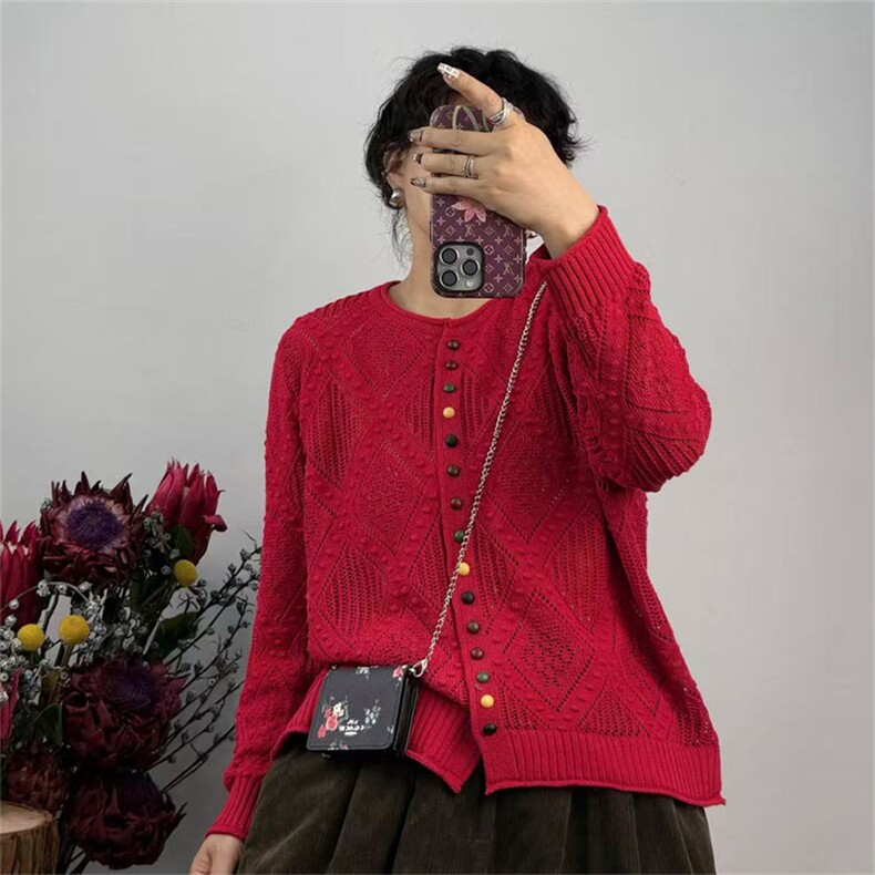 2025年秋季新款彩扣菱形针织女士开衫时尚休闲通勤百搭,针织衫/毛衣,秋虹羊绒