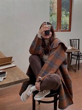 围巾连帽格子双面羊绒外套，其它，Hello Tina