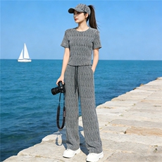 潮流时尚气质套装女夏季新款欧货重工慵懒风灰色短袖阔腿裤两件套，女装套装/套裙，江南